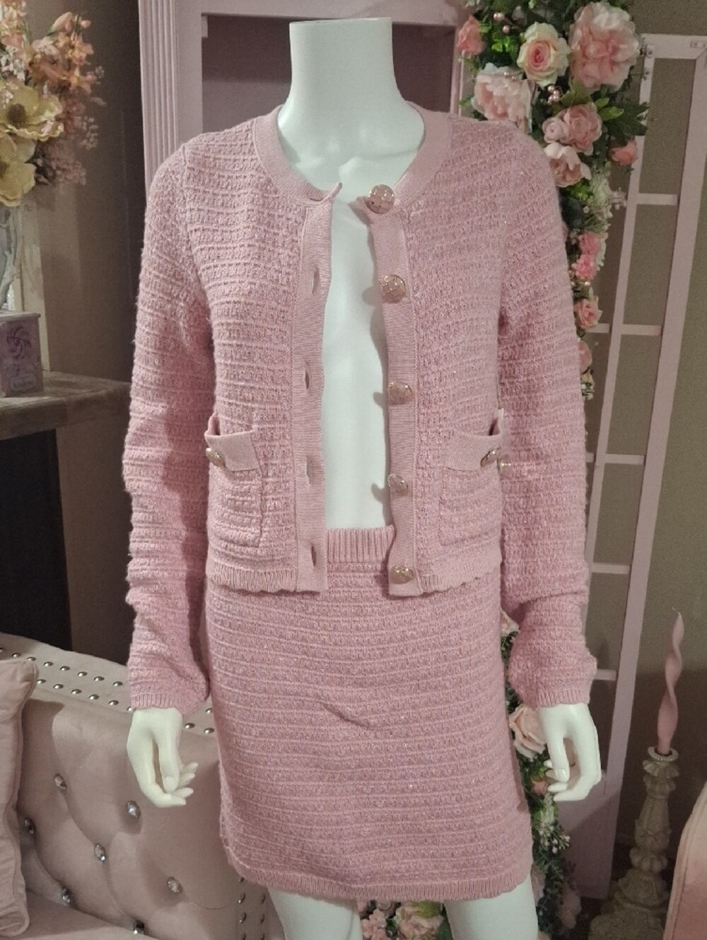 Jessica Simpson Pink Tweed Cardigan and Skirt Set - Classic Two-Piece NWT Size S - Picture 3 of 5